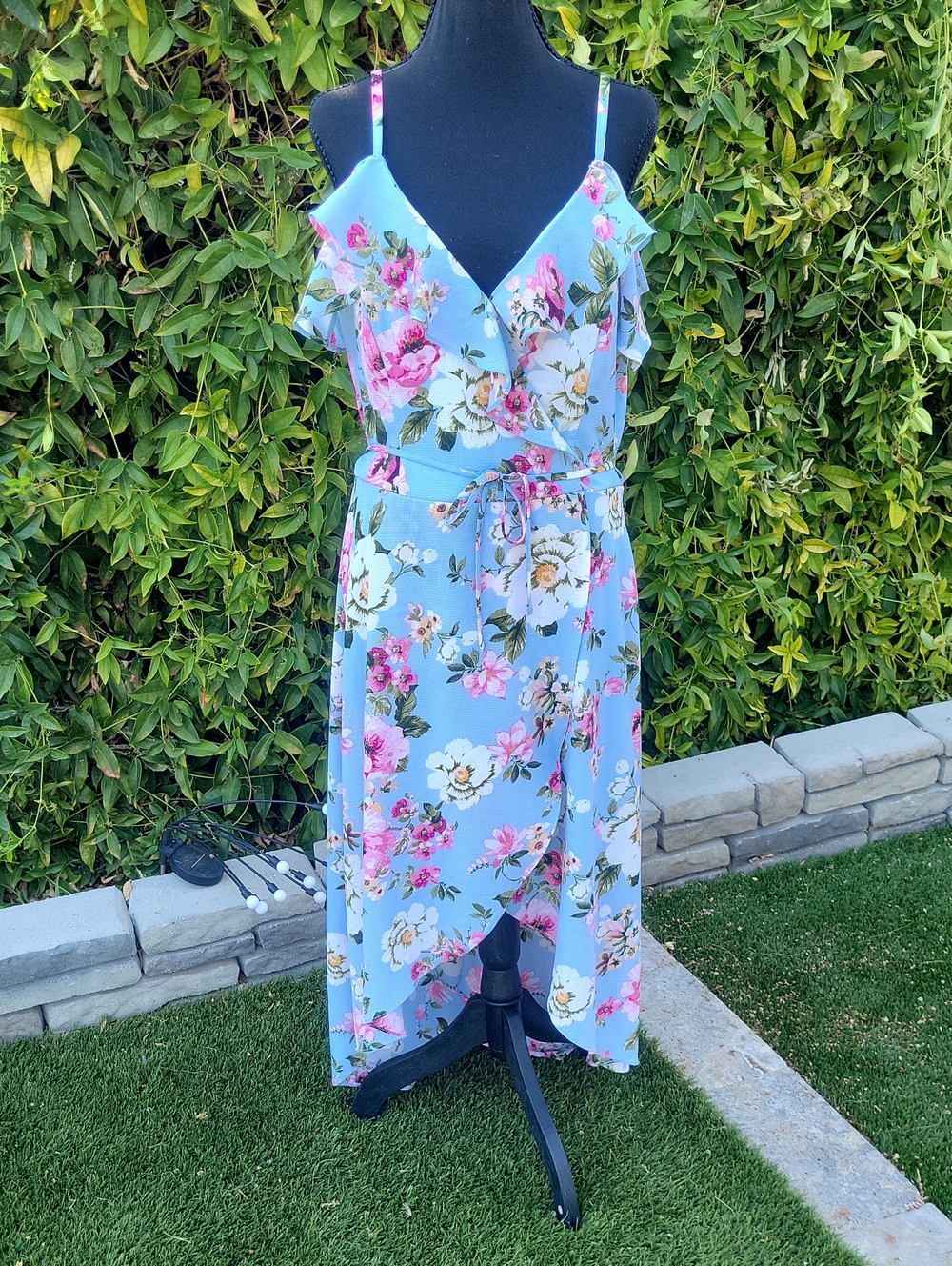 Iz Byer Sky Blue Floral High-Low Wrap Dress